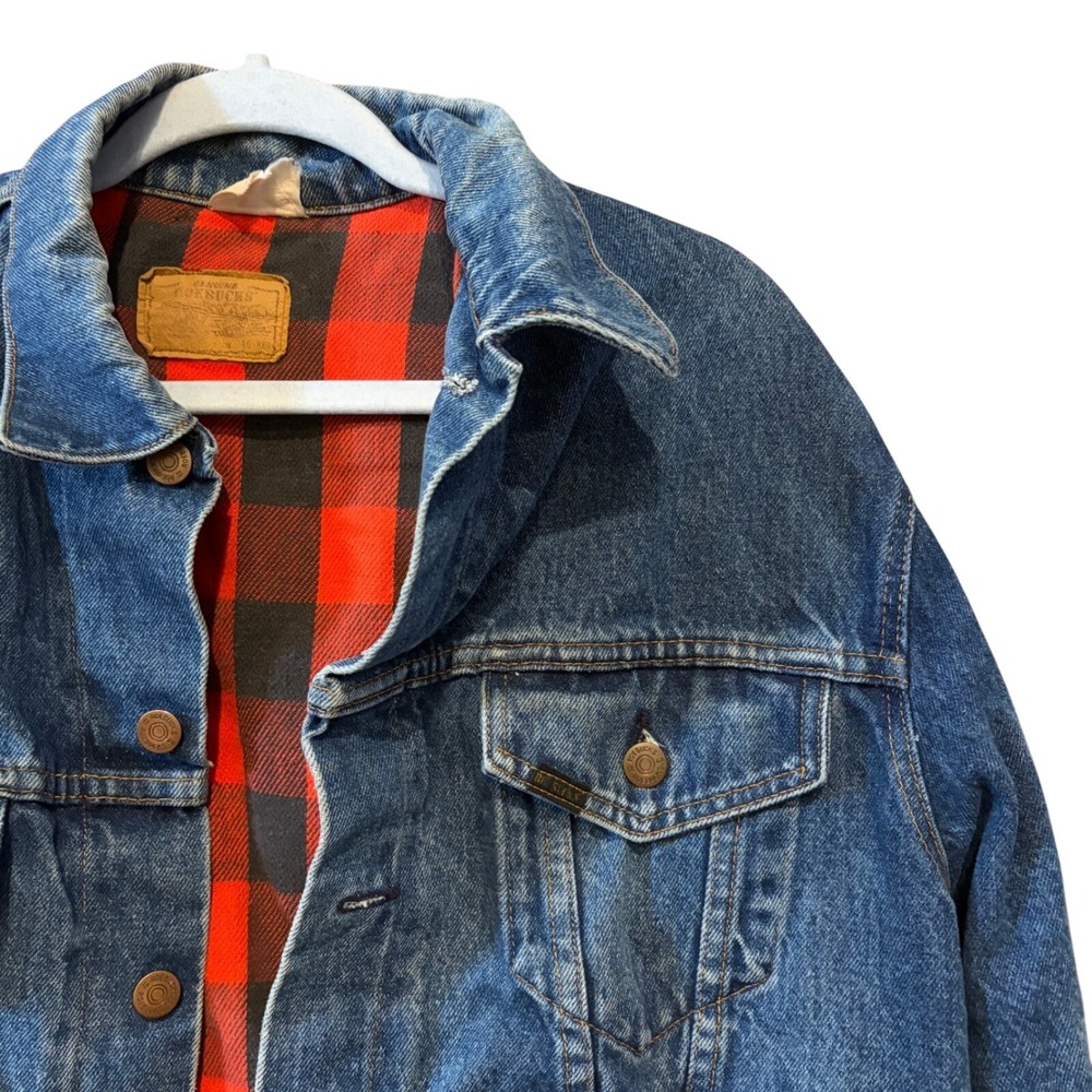 Vintage Roebucks Flannel Lined Denim Jacket Mens 46 Regular red Buffalo Plaid - Picture 2 of 6